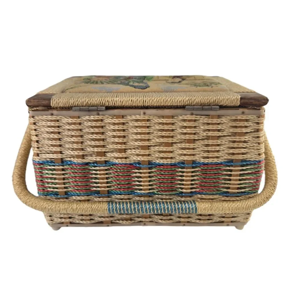 Vintage Sewing Basket with Handle Woven Asian Motif Fabric‎ Top Box 8 x 10.5 x 7